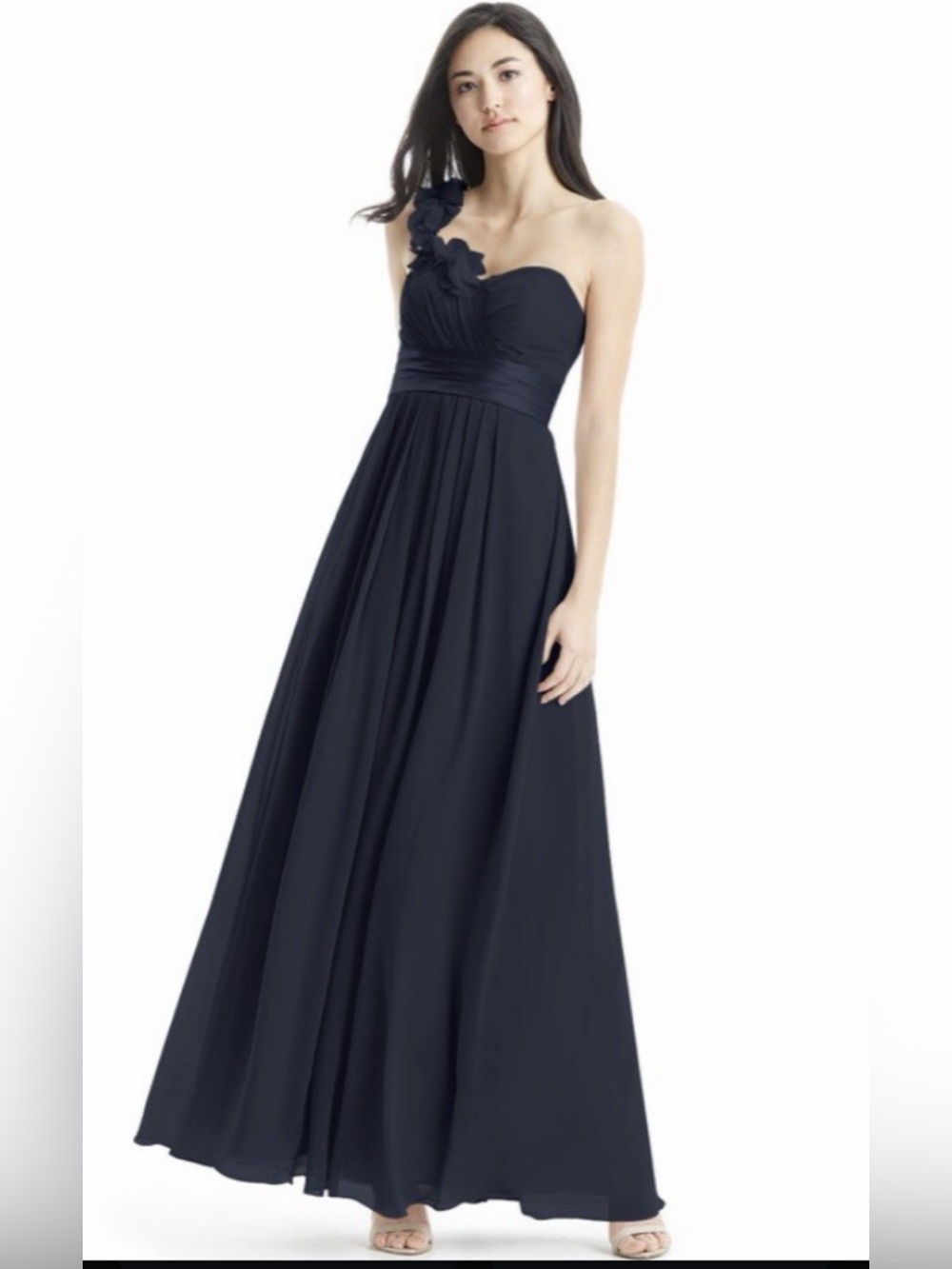 Navy One-Shoulder Maxi Dress with Floral Strap- prom, bridesmaid, formal, gala
